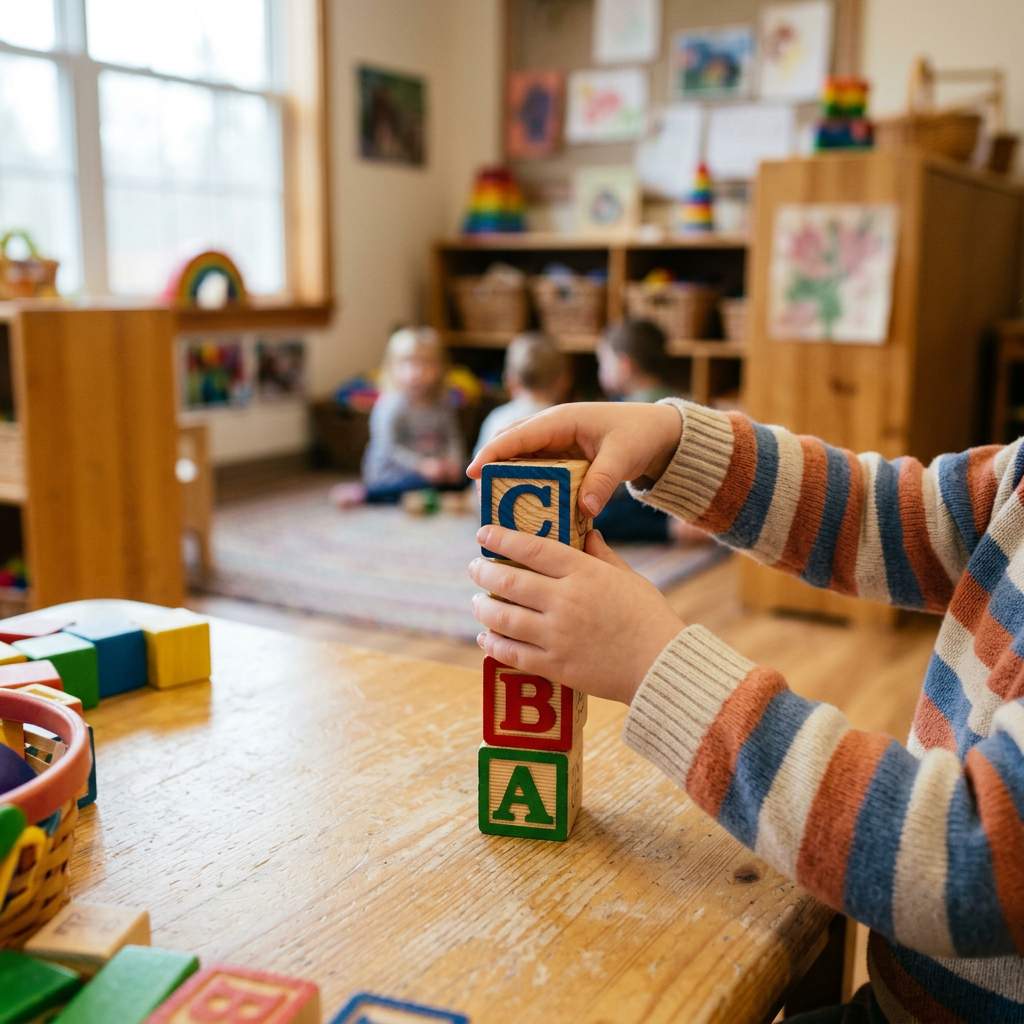 Child stacking alphabet blocks