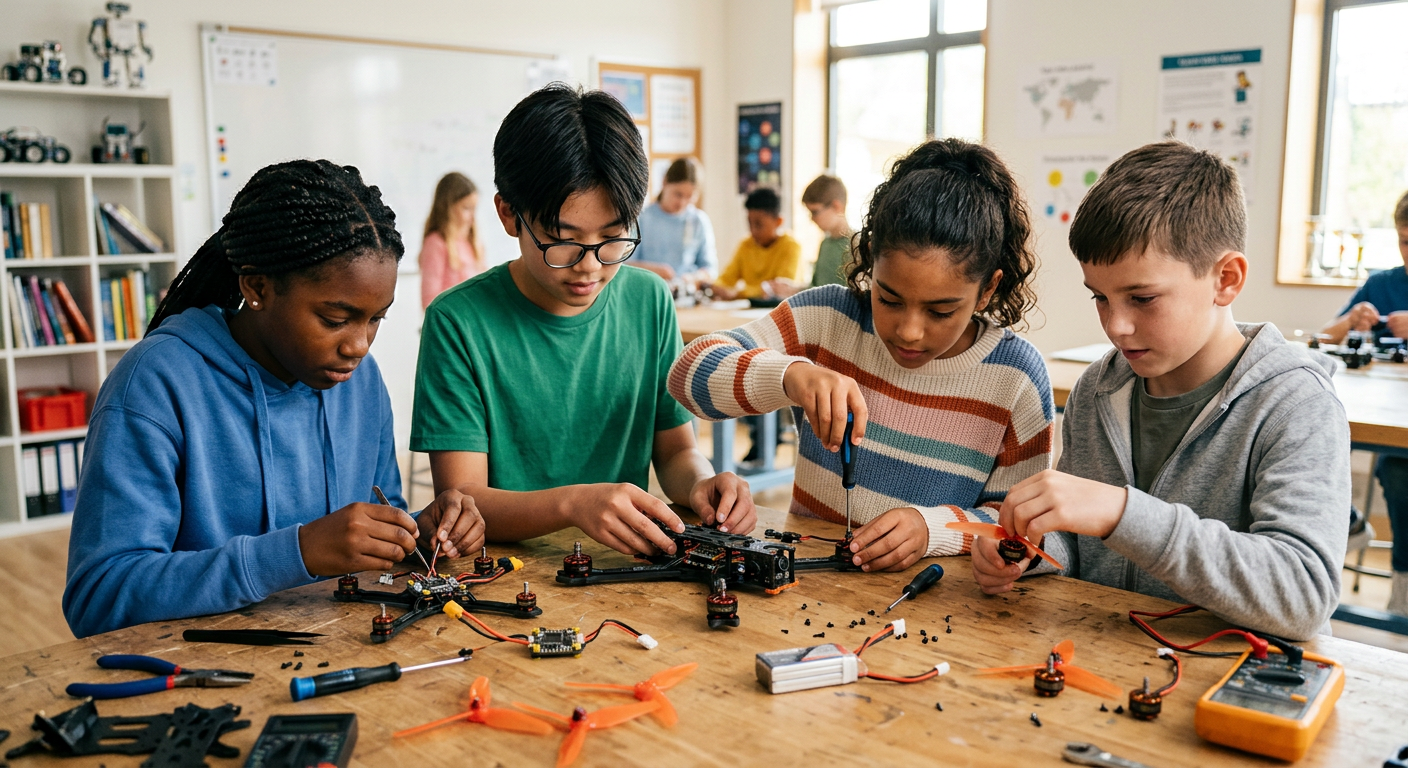 Students assembling drones