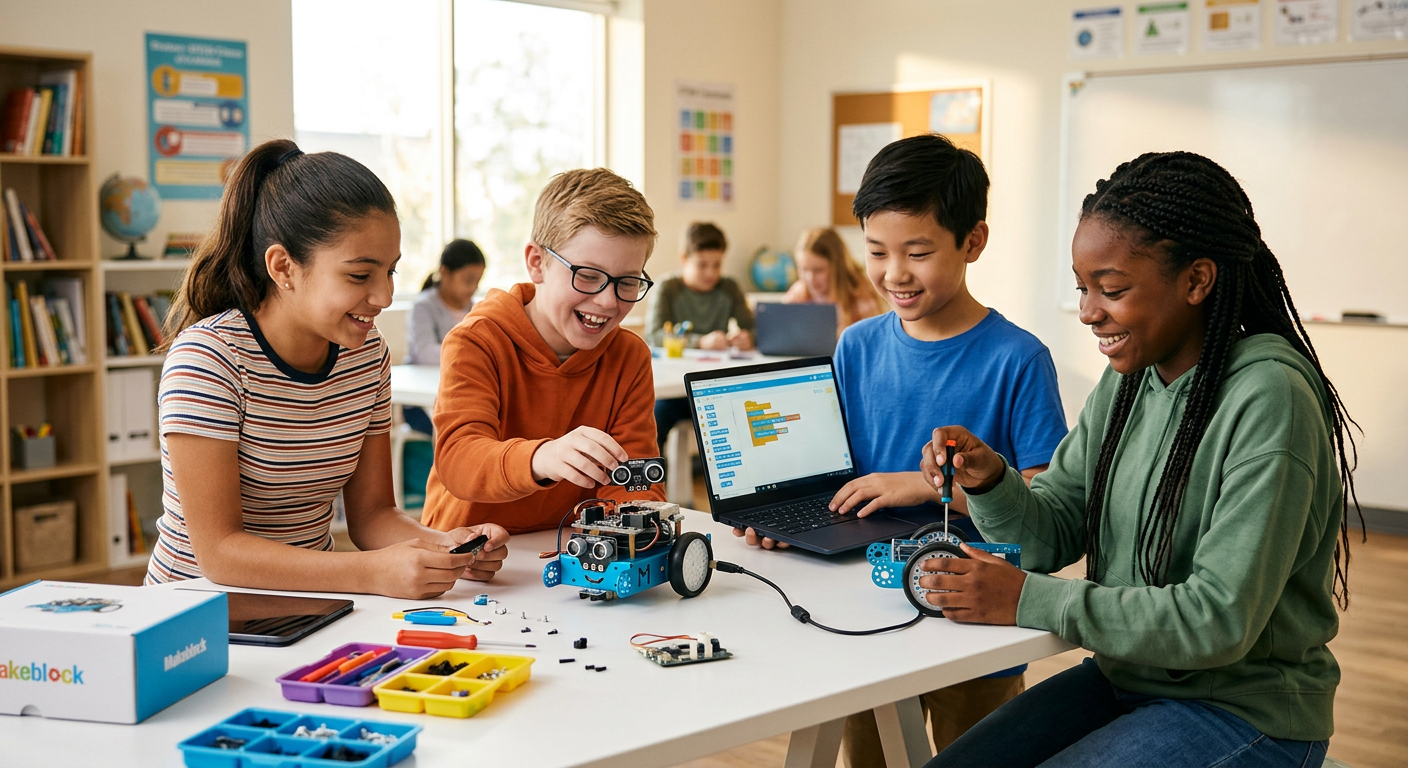 Students building Makeblock robots